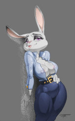  1girl belt breasts covered_erect_nipples curvy eyeshadow female_focus furry furry_female grey_hair hand_on_own_hip highres judy_hopps large_breasts makeup niveus-diabolus open_clothes open_shirt pants purple_eyes red_lips shirt smile solo thick_thighs thighs tight_clothes tight_pants wide_hips zootopia  rating:Questionable score:42 user:Monocolour