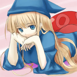  1girl 2sox[black] arm_support blonde_hair blue_eyes dress female_focus gradient_background hat long_hair lying madou_monogatari on_stomach puyopuyo sketch smile solo witch_(puyopuyo) 