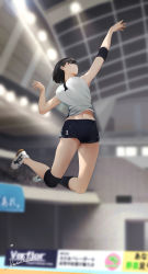 1girl absurdres armpits arms_up bare_shoulders black_hair black_shorts black_socks blue_eyes blurry blurry_background breasts ceiling_light depth_of_field elbow_pads full_body gym highres indoors jumping knee_pads kneehighs large_breasts lens_flare midair midriff_peek navel original parted_lips playing_sports shirt short_hair shorts single_kneehigh single_sock sleeveless sleeveless_shirt socks solo vegetablenabe volleyball white_footwear white_shirt rating:Sensitive score:21 user:danbooru
