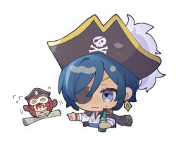 2boys :3 animal_costume bicorne black_hat black_jacket blue_eyes blue_hair blue_sash bottle closed_mouth collared_jacket commentary_request corked_bottle cropped_torso dark-skinned_male dark_skin diluc_(genshin_impact) earrings eyepatch flying flying_sweatdrops genshin_impact hair_between_eyes hair_over_shoulder hat holding holding_bottle jacket jacket_on_shoulders jewelry kaeya_(genshin_impact) koma_(km_mmmk) long_hair long_sleeves low_ponytail male_focus mini_person miniboy multicolored_hair multiple_boys one_eye_covered owl_costume paper parted_bangs pirate_hat plume ponytail red_eyes red_hair sash shirt sidelocks simple_background single_earring skull_and_crossbones skull_print smile streaked_hair sweatdrop swept_bangs upper_body white_background white_shirt wine_bottle 