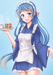  1girl anti_(untea9) blue_eyes blue_hair coffee_cup cup disposable_cup food highres kantai_collection long_hair maid open_mouth pancake samidare_(kancolle) smile solo tray very_long_hair wa_maid waitress 
