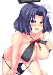 10s 1girl bare_shoulders bikini_pull blue_hair breasts clothes_pull halo hoshizuki_(seigetsu) kantai_collection large_breasts leaning_forward mechanical_halo nipples open_mouth purple_eyes short_hair smile solo tatsuta_(kancolle) rating:Questionable score:8 user:danbooru