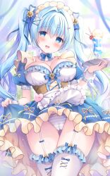  1girl :d apron blue_dress blue_eyes blue_hair blurry blurry_background blush bow bow_panties breasts cameltoe commentary_request depth_of_field dress frilled_apron frilled_thighhighs frills garter_straps gluteal_fold groin hair_bow hair_intakes hair_ornament hairclip head_tilt heart heart_hair_ornament highres holding holding_tray kouta. large_breasts long_hair maid maid_headdress open_mouth original panties pleated_dress puffy_short_sleeves puffy_sleeves short_sleeves skirt_hold smile solo striped_clothes striped_panties thighhighs tray twintails underwear very_long_hair waist_apron white_apron white_bow white_thighhighs x_hair_ornament 