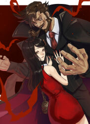  1boy 1girl bare_shoulders beard black_hair brown_hair dress facial_hair guilty_gear highres holding holding_smoking_pipe husband_and_wife long_hair monocle mustache nail_polish necktie pipe_in_mouth red_dress sharon_(guilty_gear) short_hair slayer_(guilty_gear) smile smoking_pipe tight_clothes tight_dress udakyo vampire 