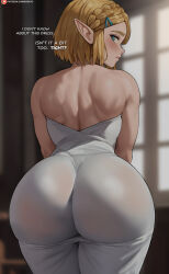 1girl artist_name ass ass_focus back backless_outfit bare_shoulders blonde_hair blurry blurry_background blush braid closed_mouth cowboy_shot crown_braid dress embarrassed english_text feet_out_of_frame female_focus from_behind gluteal_fold green_eyes half_updo highres huge_ass indoors lips looking_at_viewer looking_back nintendo patreon_logo patreon_username pointy_ears princess_zelda shexyo short_hair sidelocks solo standing the_legend_of_zelda the_legend_of_zelda:_tears_of_the_kingdom tight_clothes watermark web_address white_dress wide_hips rating:Sensitive score:397 user:armorcrystal