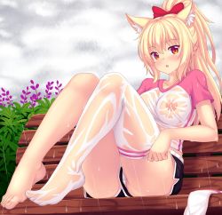 1girl animal_ears bench blonde_hair blush bow breasts cat_ears commentary english_commentary hair_bow highres large_breasts long_hair looking_at_viewer nipples no_bra nottytiffy original outdoors panties panty_peek rain red_bow red_eyes see-through shirt short_shorts shorts single_thighhigh sitting slit_pupils solo thighhighs tiffy_(nottytiffy) underwear upshorts wet wet_clothes wet_shirt white_panties rating:Questionable score:92 user:danbooru