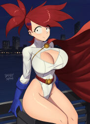 1girl :3 alternate_breast_size barleyshake belt black_eyes breasts cape cartoon_network cleavage cleavage_cutout clothing_cutout collarbone cosplay curvy dc_comics ear_piercing foster&#039;s_home_for_imaginary_friends frankie_foster gloves highres large_breasts light_blush night piercing ponytail power_girl red_hair sitting smile spiked_hair superman_(series) thighs 
