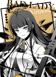 1girl antenna_hair arknights ascot belt belt_buckle blunt_bangs border bow_(music) breasts broken_halo buckle bustier buttons card card_background cello character_name chinese_commentary collared_jacket commentary commentary_request dark_halo detached_wings dot_nose dress_shirt drop_shadow energy_wings english_text gloves greyscale greyscale_with_colored_background halo hand_up hime_cut holding holding_bow_(music) holding_instrument holding_violin instrument jacket layered_sleeves long_hair long_sleeves looking_at_viewer medium_breasts monochrome music outside_border parted_lips playing playing_instrument sepia_background shadow shirt short_over_long_sleeves short-sleeved_jacket short_sleeves sidelocks simple_background smile solo spot_color spotlight teeth upper_body violin virtuosa_(arknights) weibo_1834989465 wide_sleeves wings