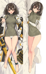 1girl anklet arknights arms_up bare_legs blush breasts brown_eyes brown_hair cameltoe clenched_hands closed_mouth clothes_lift cowboy_shot cuffs dakimakura_(medium) earrings elbow_gloves eyebrows gloves gluteal_fold green_sweater happy highres jewelry knees_together_feet_apart knees_up large_breasts looking_at_viewer lying magallan_(arknights) magallan_(elite_ii)_(arknights) medium_breasts medium_hair multicolored_hair multiple_views on_side open_hands open_mouth panties sigm@ single_earring single_elbow_glove smile streaked_hair sweater thigh_gap underwear white_gloves white_panties rating:Questionable score:49 user:danbooru