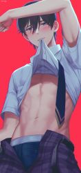 1boy absurdres arm_up artist_name backlighting belt black_hair blue_eyes blue_male_underwear blue_necktie blush bulge chromatic_aberration clenched_teeth clothes_lift cowboy_shot dress_shirt ensemble_stars! erection erection_under_clothes hair_between_eyes half-closed_eyes hidaka_hokuto highres lifting_own_clothes looking_at_viewer male_focus male_underwear mouth_hold navel necktie newthi open_belt open_pants pants plaid plaid_pants red_background shirt shirt_lift short_hair short_sleeves signature simple_background solo teeth underwear white_shirt rating:Questionable score:19 user:danbooru
