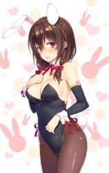  1girl absurdres animal_ears areola_slip bare_shoulders black_leotard blush bow braid breasts brown_hair bunny_day cleavage commentary_request detached_collar fake_animal_ears hand_on_own_chest hand_up highleg highleg_leotard highres kono_subarashii_sekai_ni_shukufuku_wo! leotard looking_at_viewer medium_breasts official_art open_mouth pantyhose playboy_bunny rabbit_ears rabbit_tail red_bow red_eyes shiny_clothes shiny_skin simple_background solo tail wrist_cuffs yunyun_(konosuba) yuuki_hagure  rating:Sensitive score:89 user:danbooru