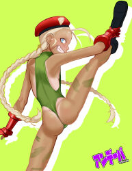  1girl aged_down andava arm_at_side arm_up artist_logo artist_name ass ass_focus back black_footwear blonde_hair blue_eyes blush boots braid cammy_white capcom dark-skinned_female dark_skin eyebrows eyelashes female_focus fingerless_gloves flat_chest from_behind gloves green_background green_leotard grin hat highleg highleg_leotard leg_hold leg_up leotard loli long_hair looking_at_viewer looking_back profile red_gloves red_hat simple_background smile smug solo split standing standing_on_one_leg street_fighter street_fighter_ii_(series) tan tanline teeth twin_braids 