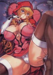  1girl absurdres blonde_hair blue_eyes breasts comic_unreal covered_erect_nipples cowboy_shot feet_out_of_frame highres large_breasts mogudan panties shoes skirt solo spread_legs tagme thighhighs underwear  rating:Questionable score:84 user:seath