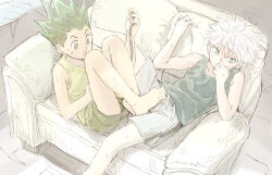  2boys :o alternate_costume arm_up averting_eyes barefoot blue_eyes blush couch covering_own_mouth elbow_rest foot_out_of_frame foot_to_another&#039;s_crotch from_above full_body gon_freecss green_hair green_shirt green_shorts grey_shirt grey_shorts hand_on_own_face hunter_x_hunter indoors killua_zoldyck knees_up male_focus messy_hair mito_tomiko multiple_boys muted_color nervous_sweating nintendo_switch on_couch shirt short_hair shorts shota sitting sleeveless sleeveless_shirt spiked_hair sweat white_hair yaoi 