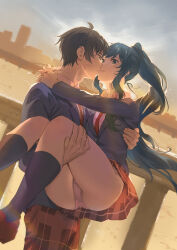  1boy 1girl absurdres arms_around_neck ass blazer blue_eyes blue_hair blue_jacket blush brown_footwear brown_pants brown_skirt carrying carrying_person cityscape collared_shirt commentary_request commission eye_contact hetero highres imminent_kiss jacket jaku-chara_tomozaki-kun loafers long_hair looking_at_another nanami_minami necktie outdoors panties pants pantyshot pink_panties pixiv_commission plaid plaid_pants plaid_skirt ponytail princess_carry railing red_necktie river school_uniform shirt shoes short_hair skirt sky smile sunao_(souis) sunset tomozaki_fumiya underwear white_shirt 