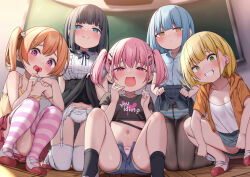  5girls black_hair black_pantyhose black_ribbon black_shirt black_skirt black_socks blue_eyes blue_panties blue_shirt blue_shorts blue_skirt blush bow bow_panties breasts camisole candy classroom closed_mouth clothes_lift collared_shirt commentary_request cropped_shirt female_focus flat_chest food garter_belt green_eyes grin hair_ornament hairclip half-closed_eyes highres holding holding_candy holding_food holding_lollipop hood hood_down hooded_jacket isemori jacket kneeling large_breasts lifted_by_self loli lollipop long_hair looking_at_viewer mesugaki midriff multiple_girls navel neck_ribbon open_fly open_mouth orange_hair orange_jacket original panties panties_under_pantyhose pantyhose pink_eyes pink_panties pink_skirt pink_thighhighs pleated_skirt purple_eyes ribbon shirt short_hair short_shorts short_sleeves shorts side_ponytail sitting skirt skirt_lift small_breasts smile socks squatting strap_slip striped_clothes striped_panties striped_thighhighs teeth thighband_pantyhose thighhighs twintails underwear white_panties white_shirt white_thighhighs yellow_camisole yellow_eyes  rating:Questionable score:267 user:danbooru