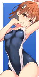 1girl 2024 20s arm_up armpits asymmetrical_bangs breasts brown_eyes brown_hair comiket_104 commentary_request finger_to_mouth hair_ornament hairpin highleg highleg_swimsuit looking_at_viewer matching_hair/eyes misaka_mikoto raika9 school_swimsuit short_hair simple_background small_breasts smile solo swimsuit toaru_kagaku_no_railgun toaru_majutsu_no_index tokiwadai_school_swimsuit twitter_username two-tone_one-piece_swimsuit