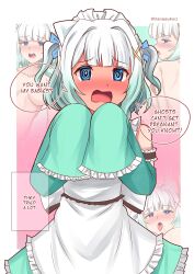 1girl @_@ absurdres apron aqua_hair aqua_skirt blue_eyes blush detached_sleeves embarrassed english_text frilled_apron frills ghost ghost_pose gradient_hair highres implied_sex indie_virtual_youtuber maid maid_headdress mint_fantome multicolored_hair multiple_views open_mouth skirt sleeves_past_fingers sleeves_past_wrists two_side_up virtual_youtuber waist_apron white_apron white_hair xanadu_avici  rating:Questionable score:8 user:danbooru