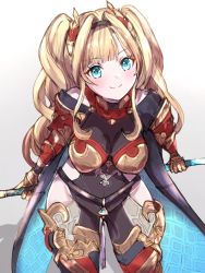  1girl armor bangs blonde_hair blue_eyes blush braid breasts cleavage earrings gauntlets granblue_fantasy hair_ornament hairband jewelry long_hair looking_at_viewer polearm pomupurin red_eyes simple_background smile solo spear twintails weapon zeta_(granblue_fantasy) 