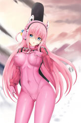  1girl alice_(nikke) alice_(nikke)_(cosplay) bocchi_the_rock! bodysuit breasts cosplay covered_erect_nipples crossover elhddmois gloves goddess_of_victory:_nikke gotoh_hitori headphones highres latex latex_bodysuit long_hair pink_bodysuit pink_gloves pink_hair skin_tight snow solo 