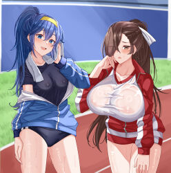  2girls absurdres alternate_costume alternate_hairstyle blue_eyes blue_hair blurry blurry_background brand_of_the_exalt breasts brown_eyes brown_hair buruma covered_erect_nipples cowboy_shot depth_of_field fire_emblem fire_emblem_awakening fire_emblem_fates gym_uniform hair_between_eyes hair_over_one_eye hairband highres huge_breasts jacket kagero_(fire_emblem) long_hair looking_at_viewer lucina_(fire_emblem) medium_breasts multiple_girls nintendo open_mouth outdoors ponytail running_track rynn_(darknescorez) see-through smile sweat towel track_and_field track_jacket track_uniform wet wet_clothes wiping_sweat 