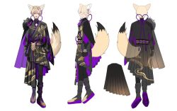  1boy :d animal_ears asymmetrical_sleeves black_cape black_footwear black_gloves black_kimono black_pants blonde_hair cape character_sheet clothing_cutout commentary english_commentary flower fox_ears fox_tail full_body globie gloves japanese_clothes kimono knot komiyama_ambros male_focus multiple_views open_mouth pants pleated_kimono purple_eyes purple_flower second-party_source shien_shion smile standing tail tassel virtual_youtuber white_background 