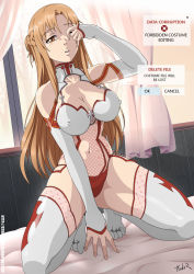  10s 1girl asuna_(sao) bare_shoulders bed blush braid breasts brown_eyes brown_hair cleavage collarbone covered_erect_nipples covered_navel crown_braid elbow_gloves eyebrows feet fingerless_gloves fingernails french_braid gloves half-closed_eyes highres large_breasts legs long_hair looking_at_viewer medium_breasts navel one_eye_closed open_mouth sidelocks solo spread_legs squatting stormfeder sword_art_online teeth thighhighs thighs white_gloves  rating:Questionable score:136 user:Severa808