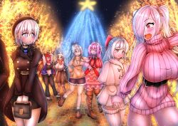  6+girls anger_vein aran_sweater arms_behind_head black_tank_top blonde_hair blue_eyes blush boots braid breasts cable_knit christmas christmas_lights christmas_tree cinderella_(nikke) cleavage closed_eyes closed_mouth contemporary dorothy_(nikke) dress elbowing french_braid gluteal_fold goddess_(nikke) goddess_of_victory:_nikke grabbing grey_hair habit hair_between_eyes hair_bun hand_grab high_ponytail highres holding_hands horns huge_breasts jacket large_breasts liliweiss_(nikke) long_hair long_sleeves mechanical_horns midriff mikosi multiple_girls navel nudge one_eye_closed one_eye_covered open_clothes open_jacket open_mouth pink_hair ponytail raglan_sleeves rapunzel_(nikke) red_eyes red_hair red_hood_(nikke) red_scarf ribbed_sweater scarf scarlet_(black_shadow)_(nikke) scarlet_(nikke) shiny_eyes short_hair smile snow_white_(innocent_days)_(nikke) snow_white_(nikke) star-shaped_pupils star_(symbol) sweat sweater sweater_dress symbol-shaped_pupils tank_top thigh_boots tight_clothes tight_dress turtleneck turtleneck_sweater twintails very_long_hair white_hair yellow_eyes 