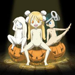 3girls absurdres adjusting_hair arm_support black_hair blonde_hair blue_eyes brown_eyes brown_hair collarbone fang gas_mask hair_ornament hair_over_one_eye highres jack-o&#039;-lantern leg_grab leg_up loli long_hair looking_at_viewer mask mask_pull moderately_ashamed_(pixiv15714645) multiple_girls navel nipples nude open_mouth peeing puddle pumpkin pussy sitting spotlight squatting twintails uncensored rating:Explicit score:42 user:cpee