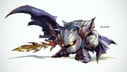  armor cape full_armor full_body galaxia_(sword) glowing glowing_eyes grey_background holding k-suwabe kirby&#039;s_dream_land kirby_(series) looking_at_viewer mask meta_knight nintendo no_humans solo standing sword torn_cape torn_clothes weapon  rating:General score:9 user:danbooru