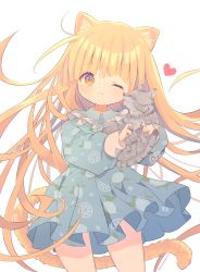 1girl ;) animal animal_ear_fluff animal_ears blonde_hair blue_dress blush brown_eyes cat cat_ears cat_girl cat_tail closed_mouth collared_dress commentary_request dress heart highres holding holding_animal lemon_print long_hair looking_at_viewer marekamico one_eye_closed original pleated_dress print_dress simple_background smile solo tail twitter_username very_long_hair white_background rating:Sensitive score:5 user:danbooru