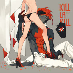  10s 1boy 1girl ass black_panties blush butt_crack character_name colored_sclera copyright_name couple head_out_of_frame high_heels kill_la_kill matoi_ryuuko panties personification red_eyes red_hair rei_(sanbonzakura) senketsu short_hair simple_background underwear yellow_sclera  rating:Questionable score:21 user:dmysta3000