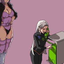 2girls artist_request boots breasts cleavage commentary crossover dos ghost_in_the_shell hand_on_own_hip jacket kusanagi_motoko large_breasts leotard long_hair lowres ms-dos-tan multiple_girls oekaki open_clothes open_jacket os-tan parted_bangs payphone phone purple_background purple_hair short_hair silver_hair simple_background sweatdrop sweater talking_on_phone thighhighs you_gonna_get_raped rating:Sensitive score:11 user:danbooru