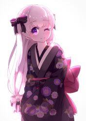  1girl ;) absurdres back_bow black_bow black_kimono bow closed_mouth commentary_request fate/extra fate_(series) floral_print hair_bow highres japanese_clothes kimono long_hair long_sleeves looking_at_viewer nursery_rhyme_(fate) obi one_eye_closed print_kimono purple_eyes sash simple_background sleeves_past_fingers sleeves_past_wrists smile solo striped_bow very_long_hair white_background white_bow white_hair wide_sleeves yuya090602 