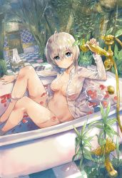 10s 1girl ahoge anastasia_(idolmaster) bathing bathtub blue_eyes breasts chair checkered_floor claw_foot_bathtub collared_shirt door dress_shirt dutch_angle faucet from_side hair_between_eyes highres idolmaster idolmaster_cinderella_girls knees_up leaf light_rays long_sleeves looking_at_viewer looking_to_the_side nature navel no_bra no_pants open_clothes open_shirt panties partially_submerged petals plant see-through shirt short_hair shower_head silver_hair sitting skirt unworn_skirt smile solo stained_glass sunbeam sunlight tetsujin_momoko tree underwear water wet wet_clothes wet_shirt white_panties white_shirt rating:Questionable score:20 user:danbooru