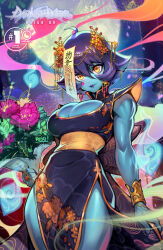 1girl blue_skin breasts capcom cleavage cleavage_cutout clothing_cutout colored_skin highres jiangshi large_breasts lei_lei official_art ofuda purple_hair reiq talisman undead vampire_(game)