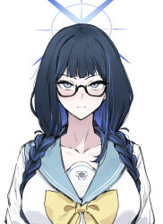  1girl absurdres black-framed_eyewear blue_archive blue_eyes blue_hair bow bowtie braid colored_inner_hair cosplay emergence_(shindol) glasses highres multicolored_hair sailor_collar saori_(blue_archive) school_uniform simple_background solo thirty_8ght twin_braids upper_body white_background yellow_bow yellow_bowtie yoshida_saki yoshida_saki_(cosplay) 