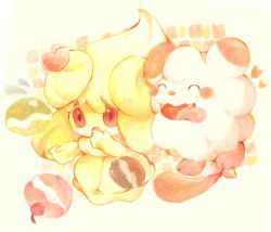  ^_^ alcremie alcremie_(lemon_cream) alcremie_(love_sweet) closed_eyes commentary creature creatures_(company) english_commentary closed_eyes fangs full_body game_freak gen_6_pokemon gen_8_pokemon heart highres nintendo no_humans poke_puff pokemon pokemon_(creature) pumo_(pixiv35828200) red_eyes simple_background swirlix tongue tongue_out traditional_media watercolor_pencil_(medium) white_background 
