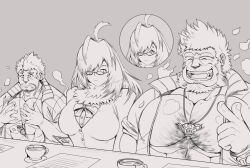  1girl 2boys :d absurdres bara bare_pectorals beard breast_conscious breast_envy breasts comparison eru_(eruprior) facial_hair feathered_wings full_beard girl_staring_at_guys_chest_(meme) glasses greyscale happy harpy highres jacket jewelry jinn_(housamo) large_breasts large_pectorals looking_at_another mature_male meme monochrome monster_girl multiple_boys muscular muscular_male neck_fur necklace open_mouth pectorals pointing pointing_at_self shell shell_necklace short_hair size_difference smile strongman_waist thick_beard thick_chest_hair tokyo_houkago_summoners track_jacket unibrow upper_body wings ziz_(housamo) 