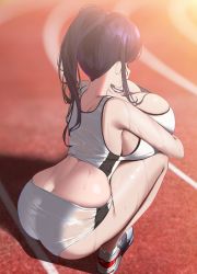 1girl absurdres ass bare_shoulders breast_rest breasts butt_crack cleavage commission from_above from_behind highres huge_breasts long_hair nicorima original pantylines pixiv_commission ponytail purple_hair see-through shiny_skin short_shorts shorts sideboob socks solo sports_bra sportswear squatting sweat thighs track_and_field white_socks rating:Questionable score:171 user:armorcrystal
