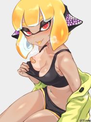 1girl agent_4_(splatoon) armpit_crease bandaid bandaids_on_nipples blush breasts colored_tongue commentary_request covered_erect_nipples crop_top dark-skinned_female dark_skin dolphin_shorts fangs flashing grey_background inkling inkling_girl inkling_player_character jacket jtveemo legs_together medium_breasts midriff mole mole_under_eye navel navel_piercing nintendo no_bra off_shoulder one_breast_out open_clothes open_jacket orange_eyes orange_hair pasties piercing short_hair short_shorts shorts simple_background sitting smile solo splatoon_(series) splatoon_2 squidbeak_splatoon stomach sweat tan tank_top tanline tentacle_hair thick_eyebrows tongue tongue_out unworn_jacket yellow_tongue rating:Questionable score:152 user:danbooru