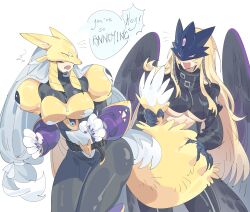  2girls animal_hands beelstarmon black_bodysuit black_coat black_shirt black_wings blonde_hair bodysuit breasts claws coat covered_collarbone covered_navel crop_top digimon digimon_(creature) english_text eye_mask facial_mark fang fangs feathered_wings fox_mask fox_tail grey_hair highres large_breasts long_hair looking_at_another mask monster_girl multiple_girls purple_eyes sakuyamon shirt simple_background tail third_eye underboob white_background wings yellow_tail zocehuy 