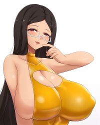  1girl absurdres arm_behind_head black_hair breasts challengia cleavage collarbone covered_collarbone covered_erect_nipples female_focus glasses highres huge_breasts lawchan long_hair looking_at_viewer mature_female mistynight nchans one-piece_swimsuit open_mouth pink_eyes sideboob simple_background swimsuit tongue tongue_out white_background 