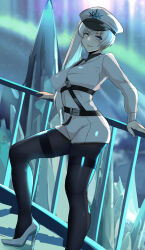  1girl against_railing aurora belt black_belt black_pantyhose blue_eyes breasts closed_mouth foot_out_of_frame hat high_heels high_side_ponytail ice iceberg lainart leaning long_hair long_sleeves looking_at_viewer medium_breasts military_hat military_uniform multiple_belts pantyhose peaked_cap railing rwby rwby_ice_queendom scar scar_across_eye scar_on_face shirt sky smile snowflake_print solo thighband_pantyhose thighs uniform v-shaped_eyebrows very_long_hair weiss_schnee white_hair white_hat white_shirt 