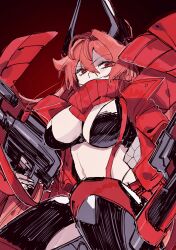  1girl absurdres black_gloves breasts chaps cleavage crop_top cropped_jacket dual_wielding fingerless_gloves gloves goddess_of_victory:_nikke hair_between_eyes headgear highres holding holding_weapon horns jacket large_breasts leather leather_jacket long_hair mechanical_horns miko_(uuua12u) navel red_eyes red_hair red_hood_(nikke) red_jacket red_scarf scarf smile solo unzipped very_long_hair weapon zipper 