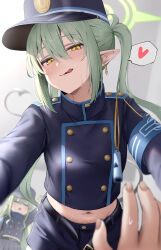  1other 2girls :q =_= absurdres armband blue_archive blue_armband blue_eyes blue_hat blue_jacket blue_shorts blush buttons cropped_jacket demon_horns demon_tail double-breasted green_hair hair_between_eyes halo hat heart hibimaru highres hikari_(blue_archive) horns jacket looking_at_viewer midriff multiple_girls navel nozomi_(blue_archive) peaked_cap pointy_ears pov pov_hands shorts siblings sisters smirk solo_focus spoken_heart sweatdrop tail tongue tongue_out twins yellow_eyes 