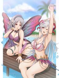  2girls absurdres atorie butterfly_wings casual_one-piece_swimsuit commission crown_of_thorns curled_horns facial_mark fairy_wings fire_emblem fire_emblem_heroes flower flower_necklace forehead_mark freyja_(fire_emblem) freyja_(summer)_(fire_emblem) goat_horns gold_armlet highres horns insect_wings jewelry multiple_girls necklace nintendo official_alternate_costume one-piece_swimsuit plumeria_(fire_emblem) plumeria_(summer)_(fire_emblem) red_horns swimsuit thorns wings 