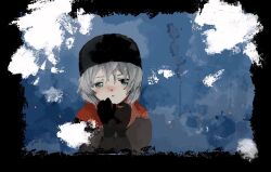  1girl abstract_background alternate_costume black_border black_gloves black_hat blue_background blush border breath brown_coat coat gloves green_eyes grey_hair hands_up hat looking_at_viewer nose_blush osouzai-kun parted_lips red_scarf sanya_v._litvyak scarf short_hair solo strike_witches warming_hands white_border winter_clothes world_witches_series 