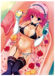  1girl :o absurdres bare_shoulders bathtub bikini bikini_top_only black_bikini black_bra black_panties black_thighhighs blush bottle bow bowtie bra breasts cleavage detached_collar elbow_gloves female_focus floor flower from_above garter_belt garter_straps gloves groin hair_ribbon hairband highres hip_focus holding huge_breasts huge_filesize indoors lace lace-trimmed_legwear lace_trim leaning_back legs lingerie looking_at_viewer looking_up lying maid maid_bikini maid_headdress navel ohara_tometa open_mouth original panties partially_submerged petals pink_hair purple_eyes red_flower red_rose ribbon rose rose_petals rubber_duck short_hair side-tie_panties soap_bubbles solo sponge swimsuit thigh_gap thighhighs thighs tile_floor tiles towel unconventional_maid underwear underwear_only wardrobe_malfunction water wet white_flower white_gloves white_rose  rating:Sensitive score:61 user:danbooru