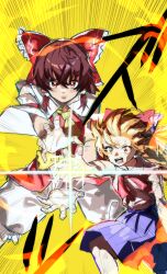  2girls absurdres ascot bangs_blown_up blush bow brown_eyes brown_hair brown_horns closed_mouth cookie_(touhou) dragon_ball dragonball_z father-son_kamehameha feet_out_of_frame frilled_bow frilled_hair_tubes frills hair_between_eyes hair_bow hair_tubes hakurei_reimu highres horns ibuki_suika japanese_clothes kamehameha_(dragon_ball) kanna_(cookie) long_bangs looking_at_viewer medium_hair miko multiple_girls oni open_mouth orange_hair red_bow red_shirt scene_reference shirt short_hair shorts simple_background smoke sound_effects sparkle speed_lines spiked_hair tirano_tenchou touhou v-shaped_eyebrows white_shorts yamin_(cookie) yellow_ascot yellow_background 